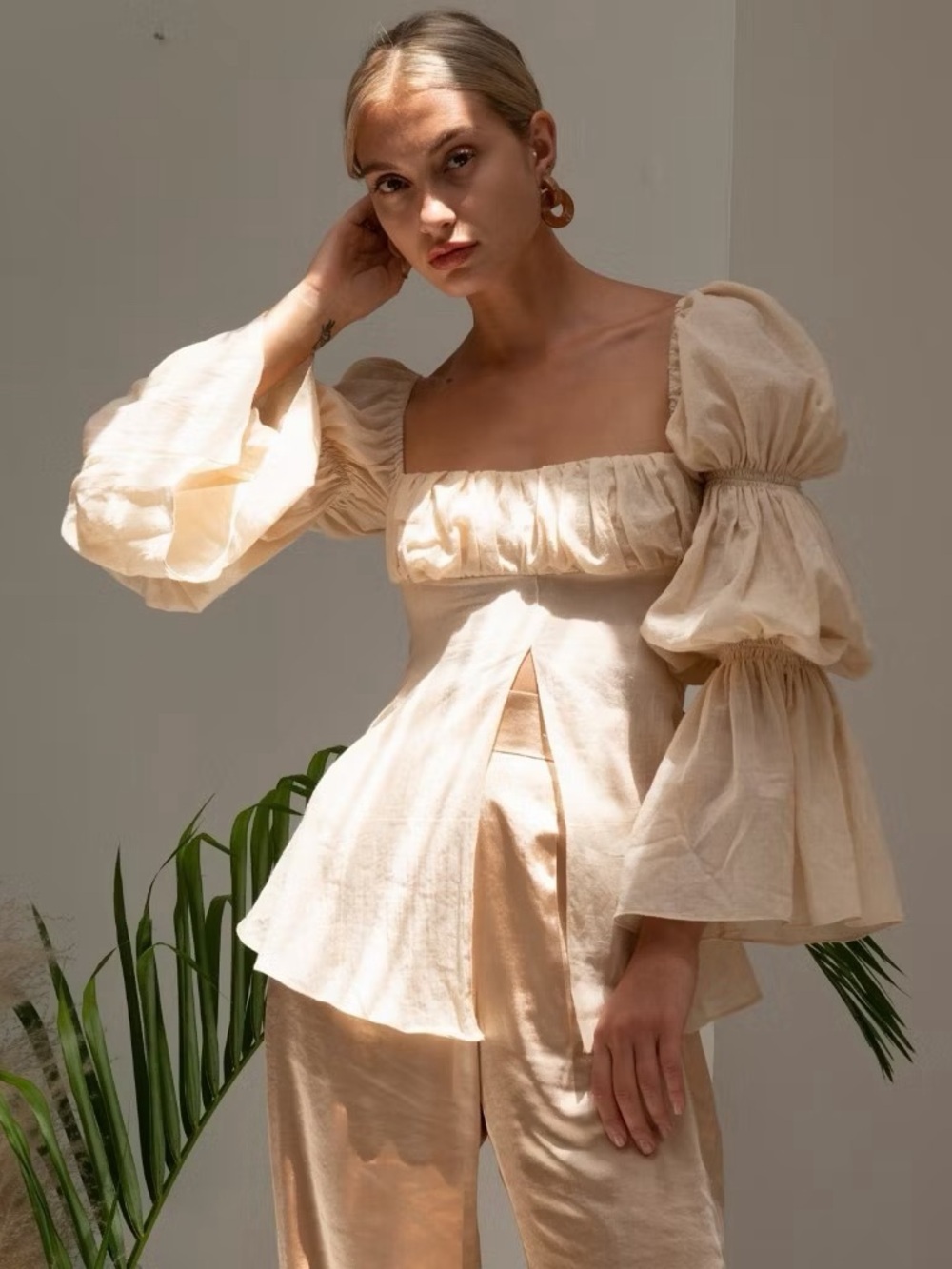 Mitr Mali Thai Cream Puff-Sleeve Square Neck Linen Top Dress XS